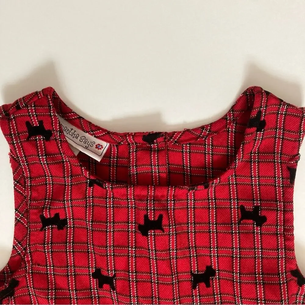 Samantha Says Red Tartan Plaid Velvet Scottie Dogs Button Back Tie Formal Dress